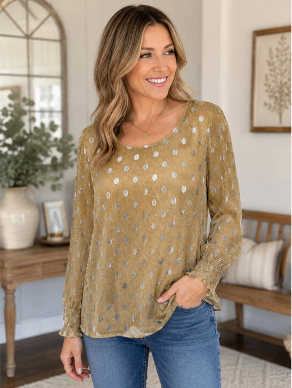 Adrianna Papell Womens Gold Silver Metallic Polka Dot Long Sleeve Blouse Top M